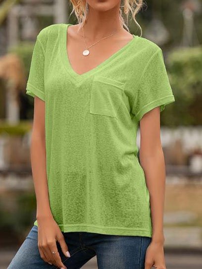 

V Neck Casual Pocket Short Sleeve Shirts & Tops, Green, Tops
