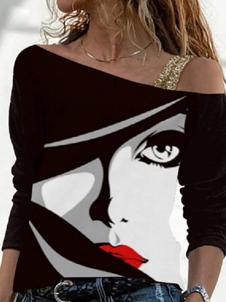 

Sequins Patchwork Off The Shoulder Abstract Printed Fashion Shirts & Tops, Black, Tops