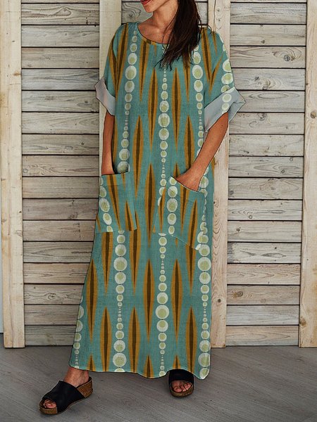 

Loosen With Pockets Vacation Half Sleeve Geometric Maxi Dresses, Green, Maxi Dresses