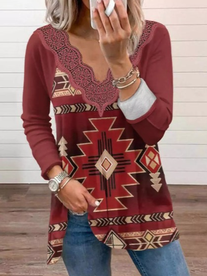 

West Styles/Cows Tribal V Neck Shirts & Tops, Red, Tops