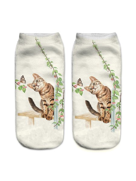 

Casual Cat Print Cotton Socks, Color7, Socks