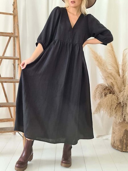 

Solid Loosen V Neck 3/4 Sleeve Casual Maxi Dresses, Black, Maxi Dresses