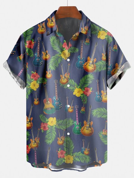 

Retro Music Striped Hawaiian Short Sleeve Shirt, As picture, Men's Floral shirt