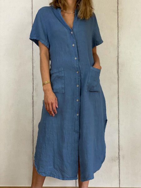 

Solid Stand Collar Short Sleeve Midi Dresses, Blue, Midi Dresses