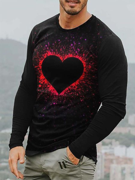 

3D Love Graphic Long Sleeve Casual Round Neck Tee, T-shirt