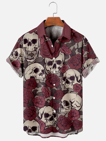 

Mens Valentines Day Skull Print Retro Breathable Hawaiian Short Sleeve Shirt, Rose red, Men's Floral shirt