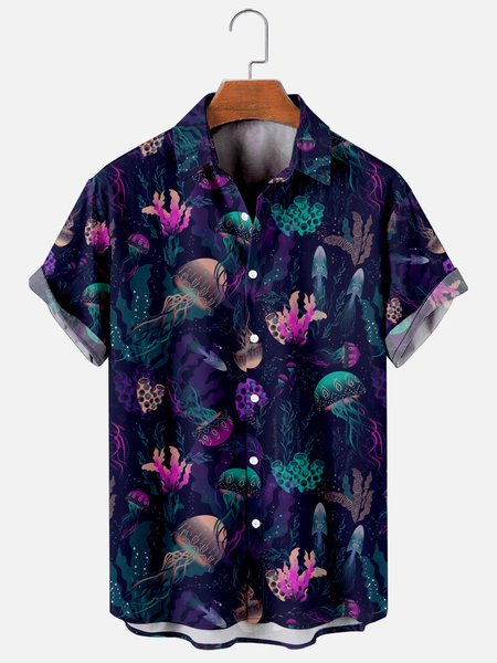 

Mens Jellyfish Coral Print Retro Breathable Hawaiian Short Sleeve Shirt, Blue, Men's Floral shirt