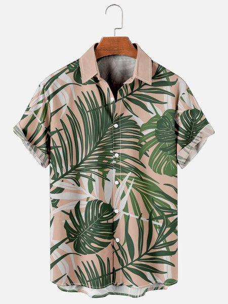 Mens Plant Print Retro Breathable Short Sleeve Hawaiian Shirt, Apricot, Men's Floral shirt