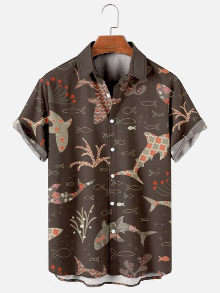 

Mens Ocean Shark Print Retro Breathable Hawaiian Short Sleeve Shirt, Brown, Men's Floral shirt