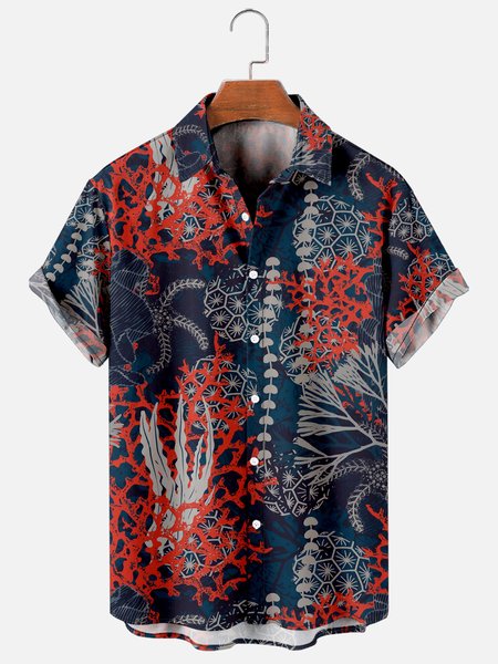 

Mens Jellyfish Coral Print Retro Breathable Hawaiian Short Sleeve Shirt, Blue, Men's Floral shirt