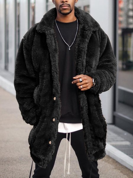 

Men's Solid Color Loose Casual Plush Nid-length Coat, Black, Outerwear