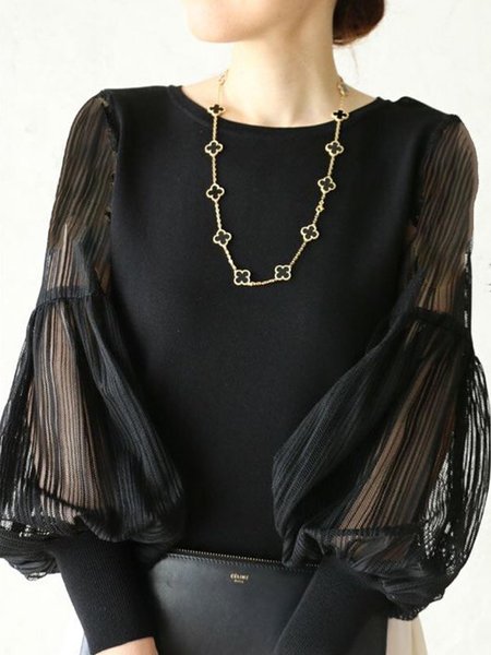 Plain Regular Fit Crew Neck Elegant Top, Black, Blouses and Shirts