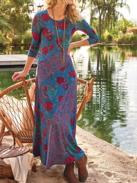 

Floral Crew Neck Long Sleeve Casual Maxi Dresses, Blue, Maxi Dresses