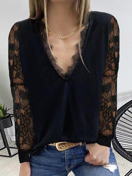 

Solido Scollo a V Cotone miscele Top, Nero, T-Shirts