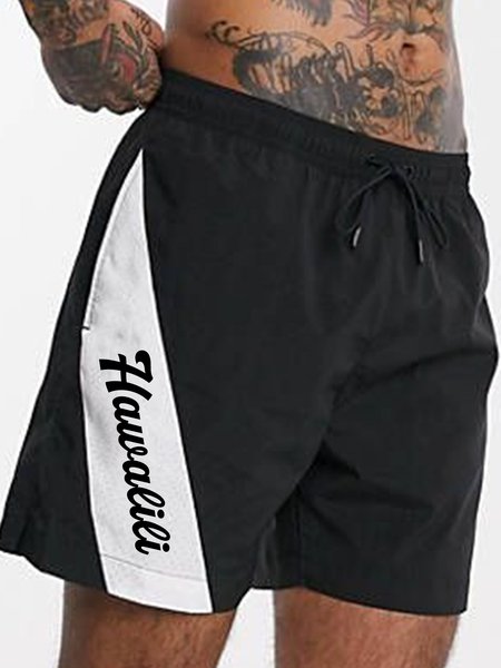 

Casual Stitching Letter Elastic Waist Black Shorts, Men's shorts