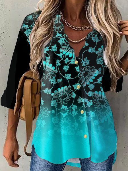 

Long sleeve V-neck petal collar plant flower print gradient resort style top shirt, Blue, Shirts & Blouses