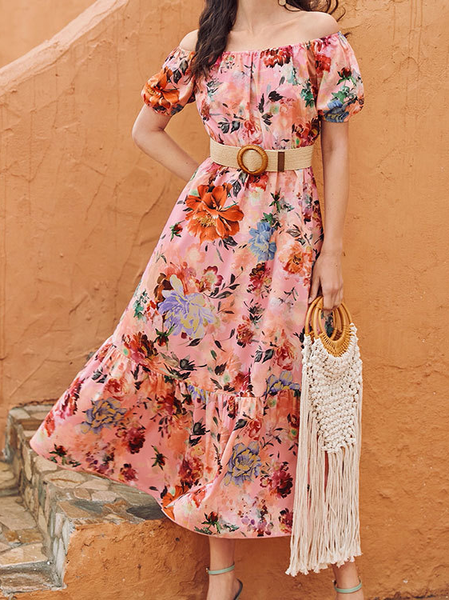 

Boat Neck Sweet Chiffon Dresses, Pink, Floral Dresses