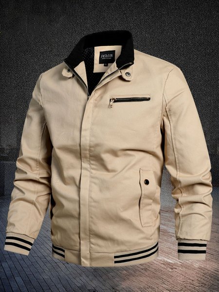 

Men's Solid Color Casual Stand Collar Jacket, Khaki, Jacket