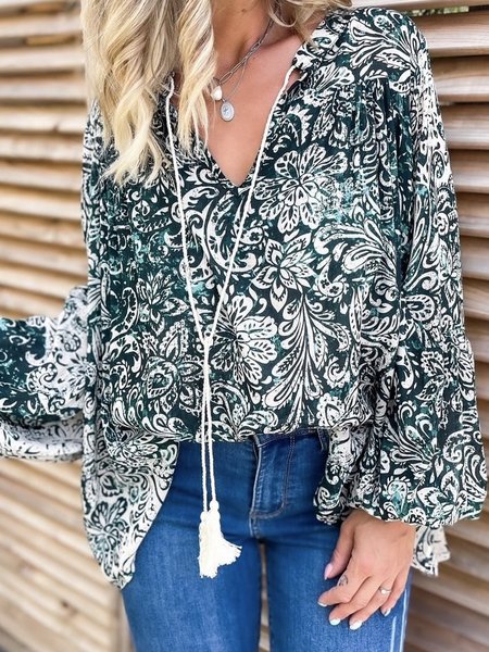 

Floral Boho V Neck Shirts & Tops, Green, Tops