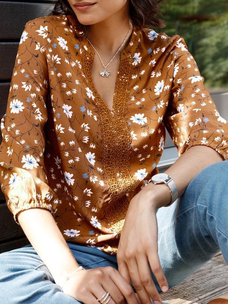 

Unique Floral Print Casual Tops, Khaki, Tops