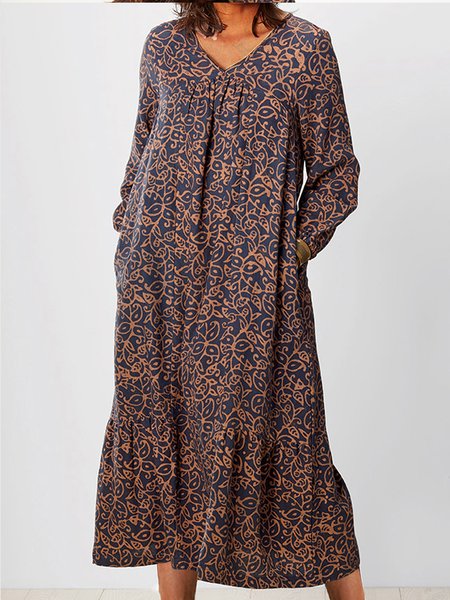 

Floral Casual V Neck Long Sleeve Midi Dresses, Navyblue, Midi Dresses