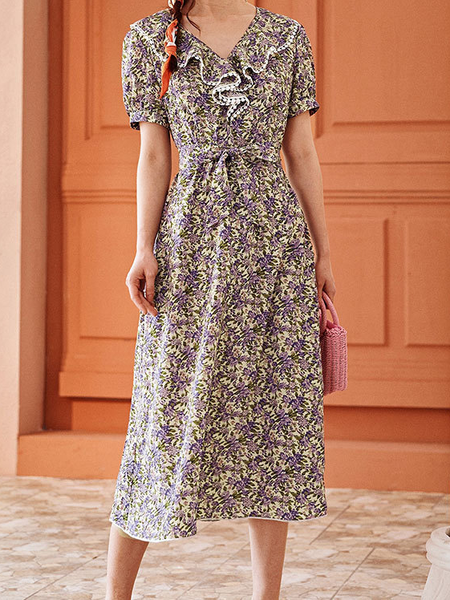 

Sweet Vintage Printed Elegant Loosen Dresses, Purple, Floral Dresses