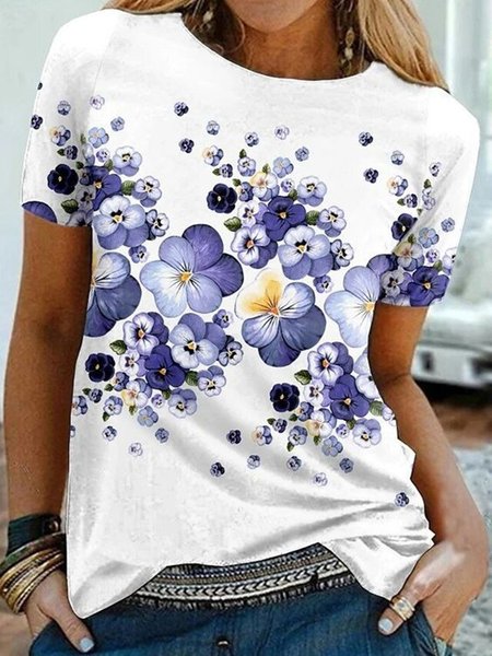 

Floral Print Crew Neck Short Sleeve Casual Tops, White, Tops