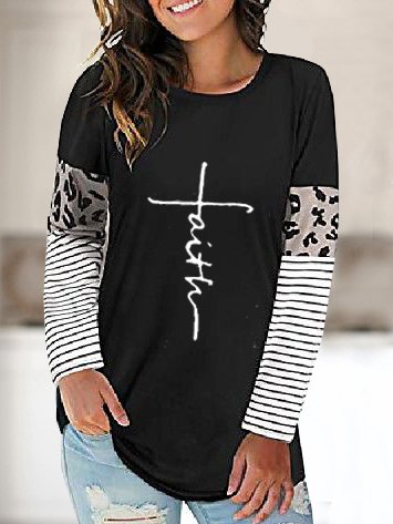

Letter Print Color Blocking Long Sleeve Casual T Shirt, Black, T-Shirts