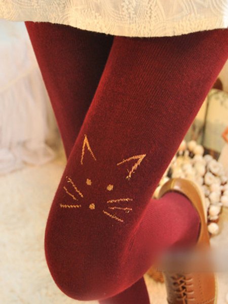 

Simple Cat Knitted Cotton Pantyhose, Wine red, Socks