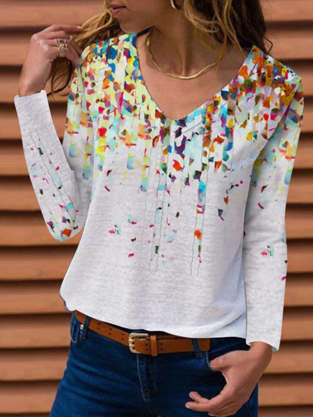 

Casual V Neck Floral Shirts & Tops, White, Long sleeve tops