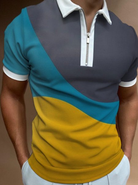 

Casual Geometric Shirt Contrast Short Sleeve Polo Shirt, Multicolor, Men's t-shirts
