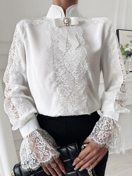 

Regular Fit Elegant Floral Stand Collar Shirt, White, Blouses and Shirts
