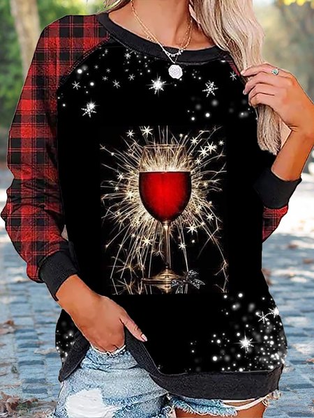 

Checked Wine Glass Print Round Neck Raglan Sleeve Sweatshirt, Black, Sweatshirts & Hoodies