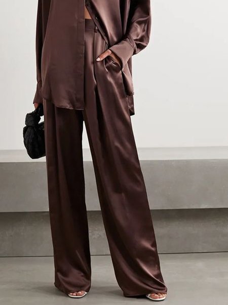 Satin Work FormalPockets Tailored Pants, Brown, Wide Leg Pants