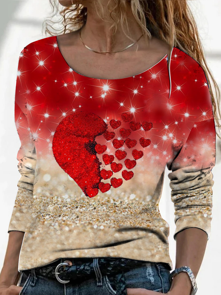 

Long sleeve round neck geometric gradient love party gorgeous new year T-shirt Plus Size, Red, Tops
