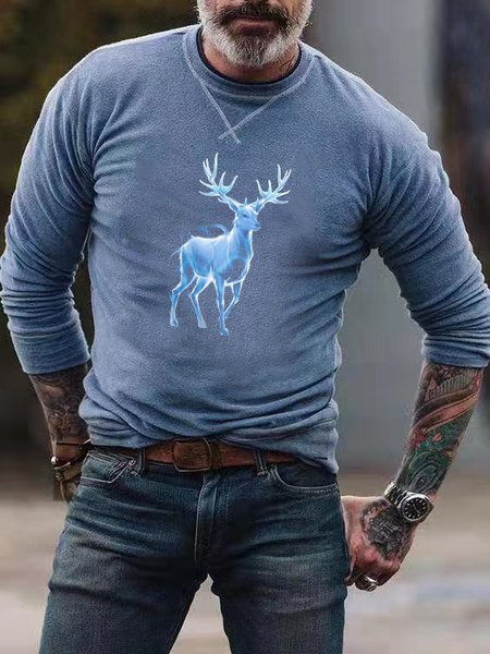 

Casual Slim Elk Digital Print Round Neck Pullover Men's T-shirt, T-shirt