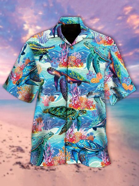 

Mens Sea Turtles Print Casual Breathable Short Sleeve Hawaiian Shirts, Blue, Men's Floral shirt