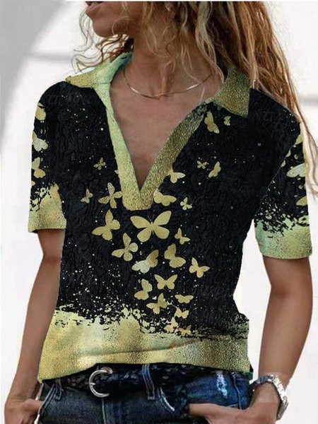 

Butterfly Lapel Short Sleeve Shirts & Tops, Black, Tops