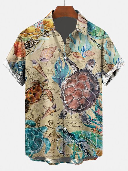 

Vintage Turtle Hawaiian Short Sleeve Shirt, As picture, Men's Floral shirt