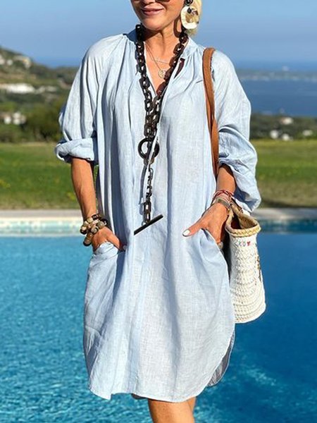 

Plain Pockets V Neck Long Sleeve Casual Mini Dresses, Sky blue, Mini Dresses