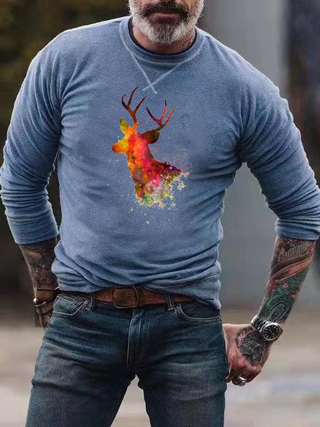 

Casual Slim Elk Digital Print Round Neck Pullover Men's T-shirt, T-shirt