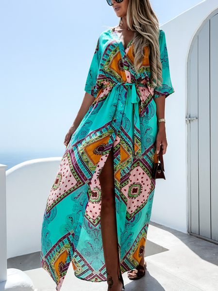 

Vacanza Stampato Allentare Maxi Spiaggia Abito, Verde, Maxi Dresses