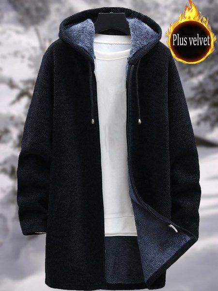

Men's Solid Color Plus Velvet Mid-length Hooded Sweater Coat, Black, Outerwear