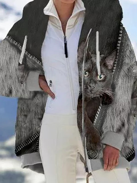 

Hooded Vintage Cartoon Cute Cat Pattern Outerwear, Multicolor, Coats