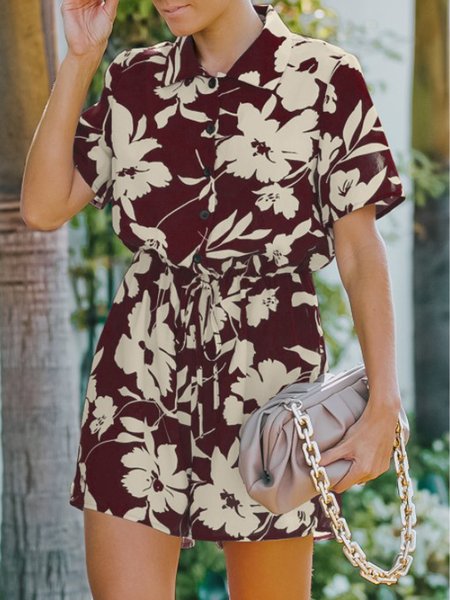 

Vacation Casual Simple Printed Loosen One-Pieces, Wine red, Jumpsuits＆Rompers