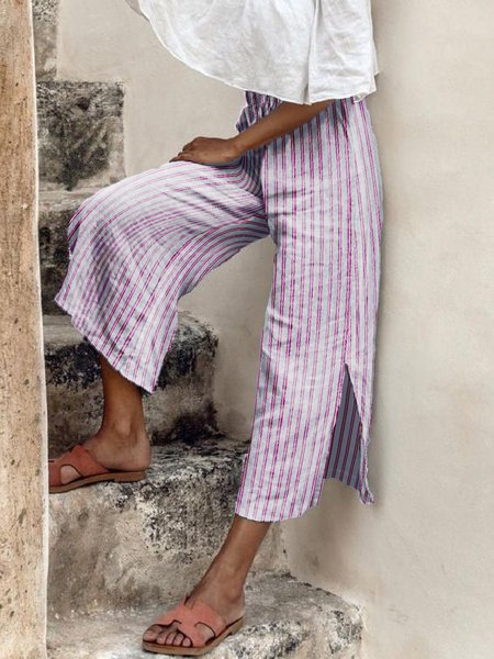 

Striped Printed Side Split Casual Loosen Pants, Stripe, Pants