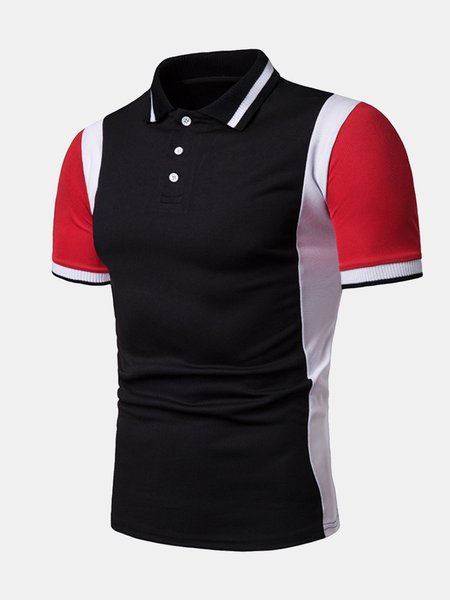 

Casual Geometric Striped Contrast Short-Sleeved Polo Shirt, Black, Men's t-shirts