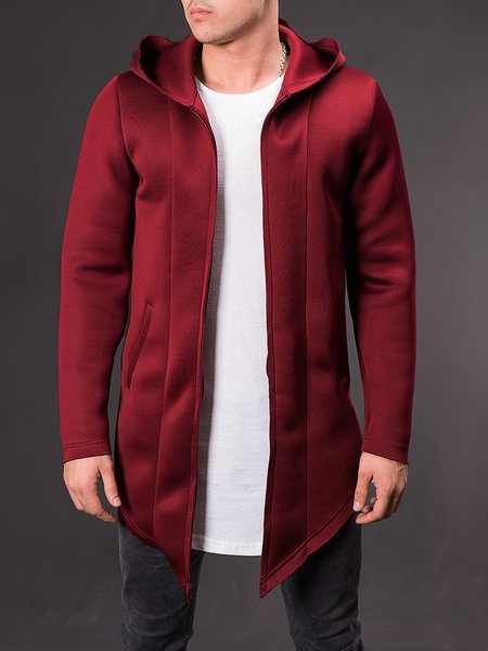 

Pure color Mid-Length Casual Hooded Cardigan, Wine red, Jacket