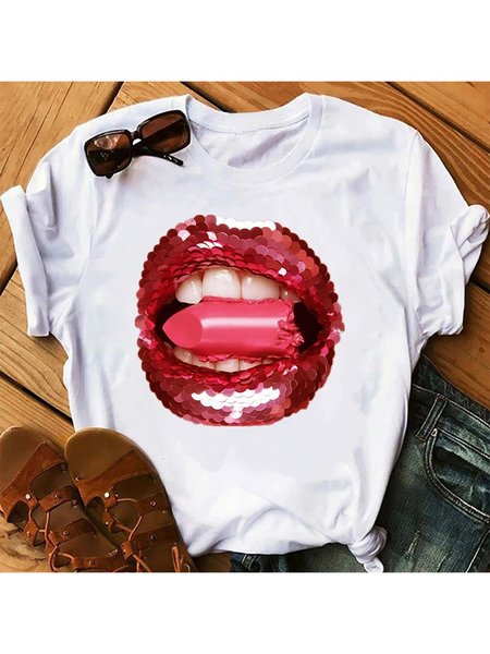 

Casual Lip Sequins Printed Crew Neck T-Shirt T-shirt, Pink, T-Shirts