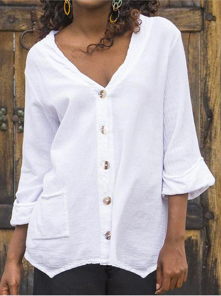 

Casual Plain V neck Cotton blends Shirts & Tops, White, Blouses & Shirts